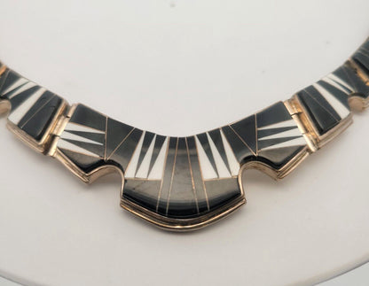 Navajo Calvin Begay Sterling Silver Black Onyx White Agate Cabochon Necklace
