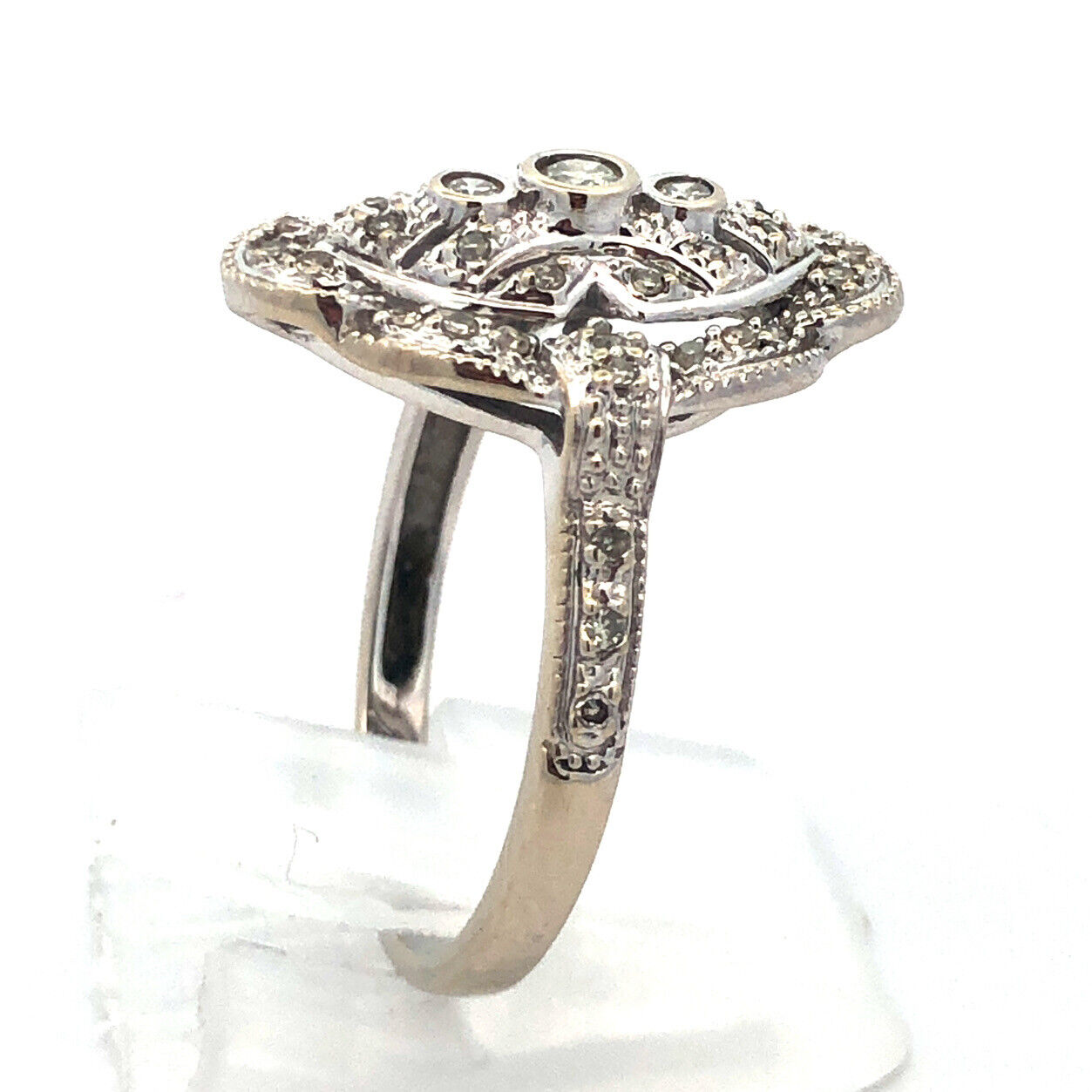 Art Deco Design 14K White Gold Round Diamond Oval Statement Ring