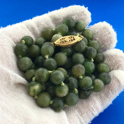 Estate 10K Yellow Gold Jade Bead Ball Hand Knotted Statement Necklace