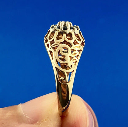 Vintage 10K Yellow Gold Sapphire Diamond Open Work September Cocktail Dome Ring