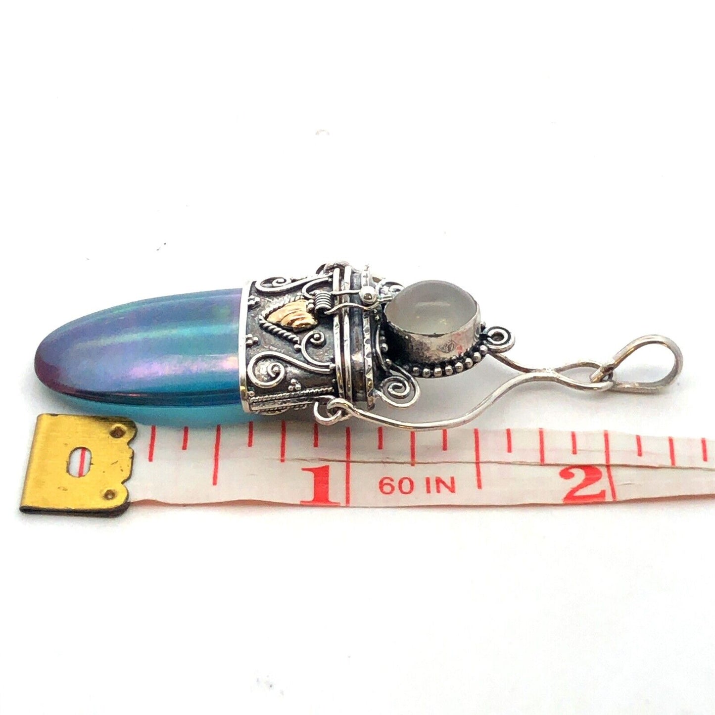 Vintage 925 Sterling Silver Iridescent Crystal Glass Snuff Filigree Box Pendant