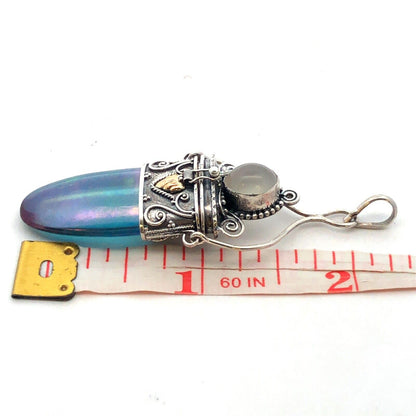 Vintage 925 Sterling Silver Iridescent Crystal Glass Snuff Filigree Box Pendant