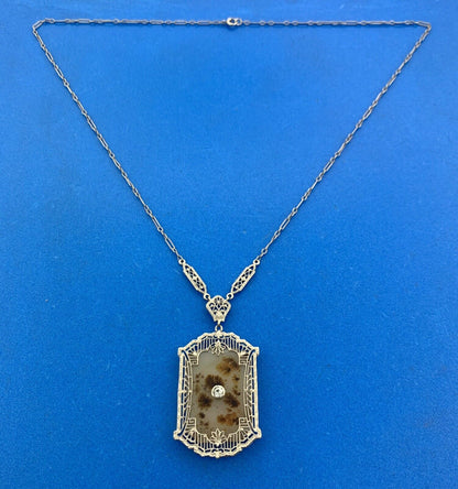 Antique 10K White Gold White Sapphire Aqate Filigree Statement Pendant Necklace