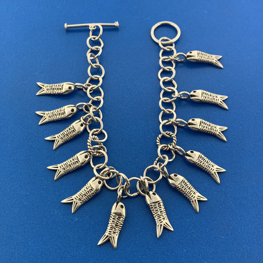 Estate 925 Sterling Silver Twelve Fish Religious Icon Statement Toggle Bracelet