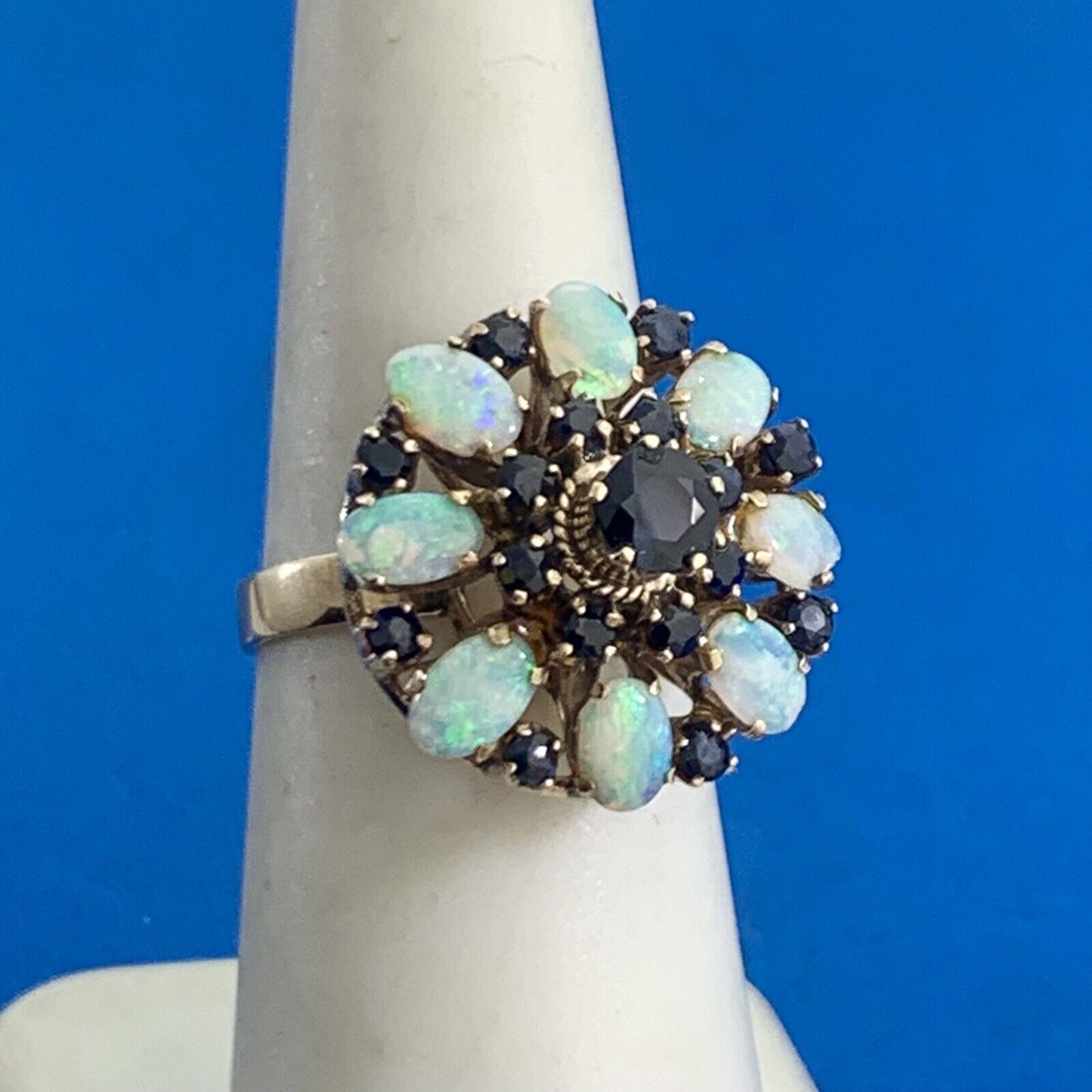 Estate 14K Yellow Gold Sapphire Opal Princess Empire Stacked Dome Cocktail Ring