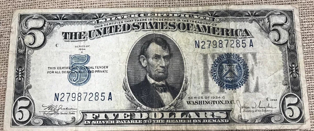 1934 C $5 United States Silver Certificate Julian/Snyder Fr. 1653