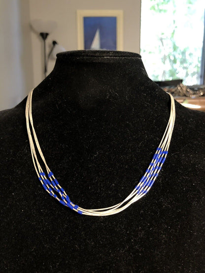 Vintage Sterling Silver Blue Lapis Lazuli Beaded 5-Strand Liquid Silver Necklace