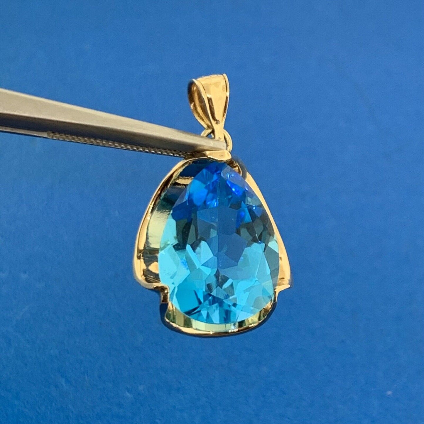 Designer 14K Yellow Gold Teal Sapphire Pear Solitaire Drop Pendant