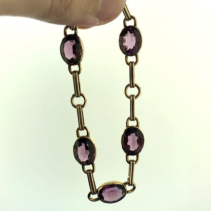 Vintage 12KT Gold Filled Oval Purple Amethyst Station Panel Link Bracelet