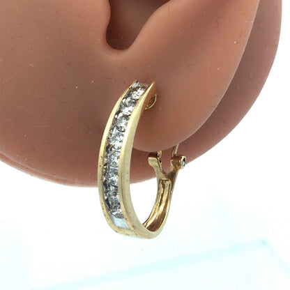 Stunning 10K Yellow Gold Diamond Elongated Bridal Wedding Hoop Earrings