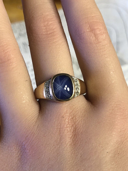 Vintage 10K Yellow Gold Blue Star Sapphire Diamond Unisex Statement Ring