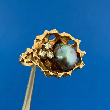 Gorgeous 14k Yellow Gold Black Pearl Diamond Nugget Basin Statement Ring Size 7
