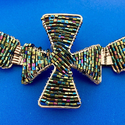 Artisan Silver Tone Iridescent Cylinder Bead Wire Wrapped Cross Toggle Bracelet
