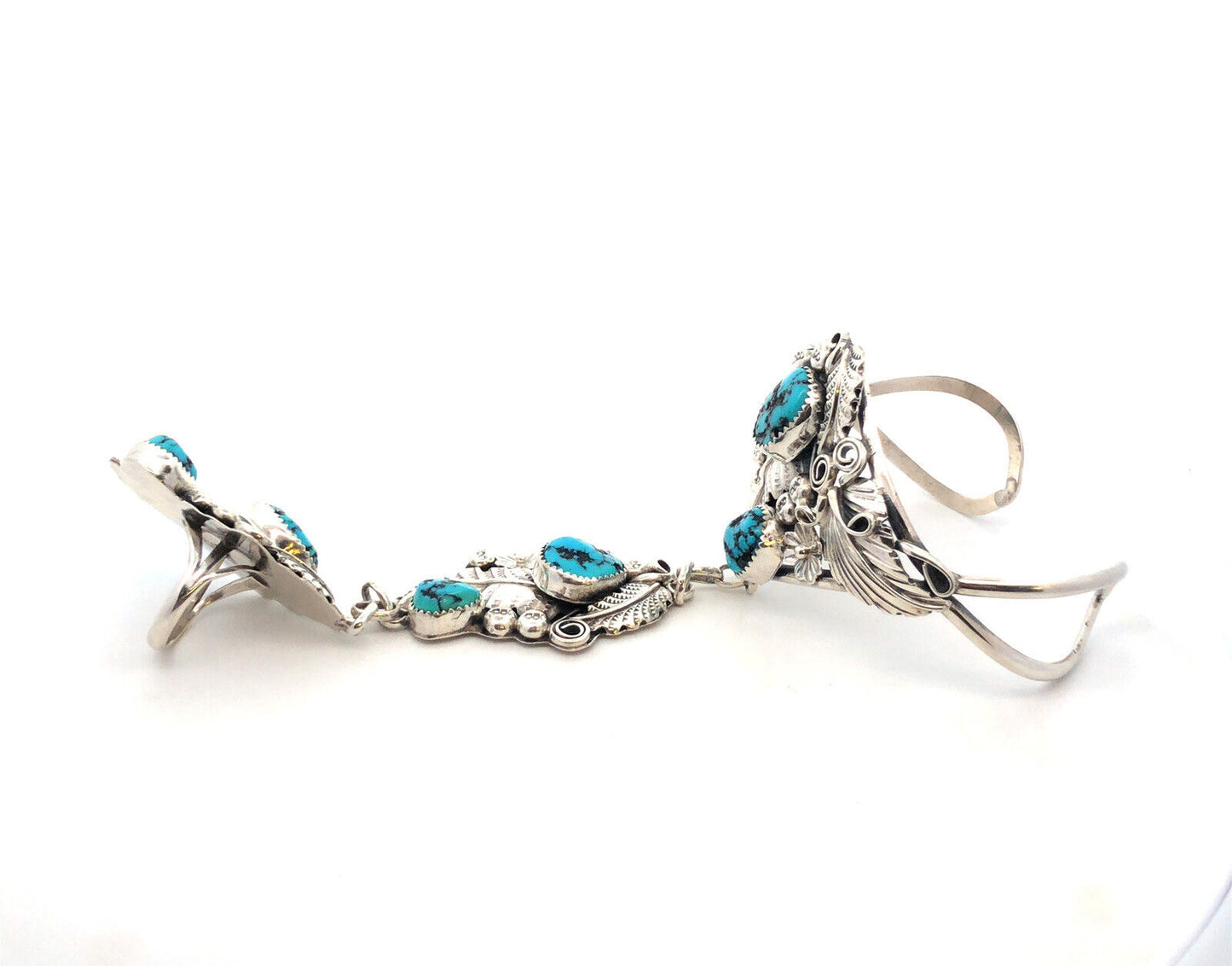 Harry B Yazzie Navajo Sterling Silver Turquoise Squash Blossom Slave Bracelet