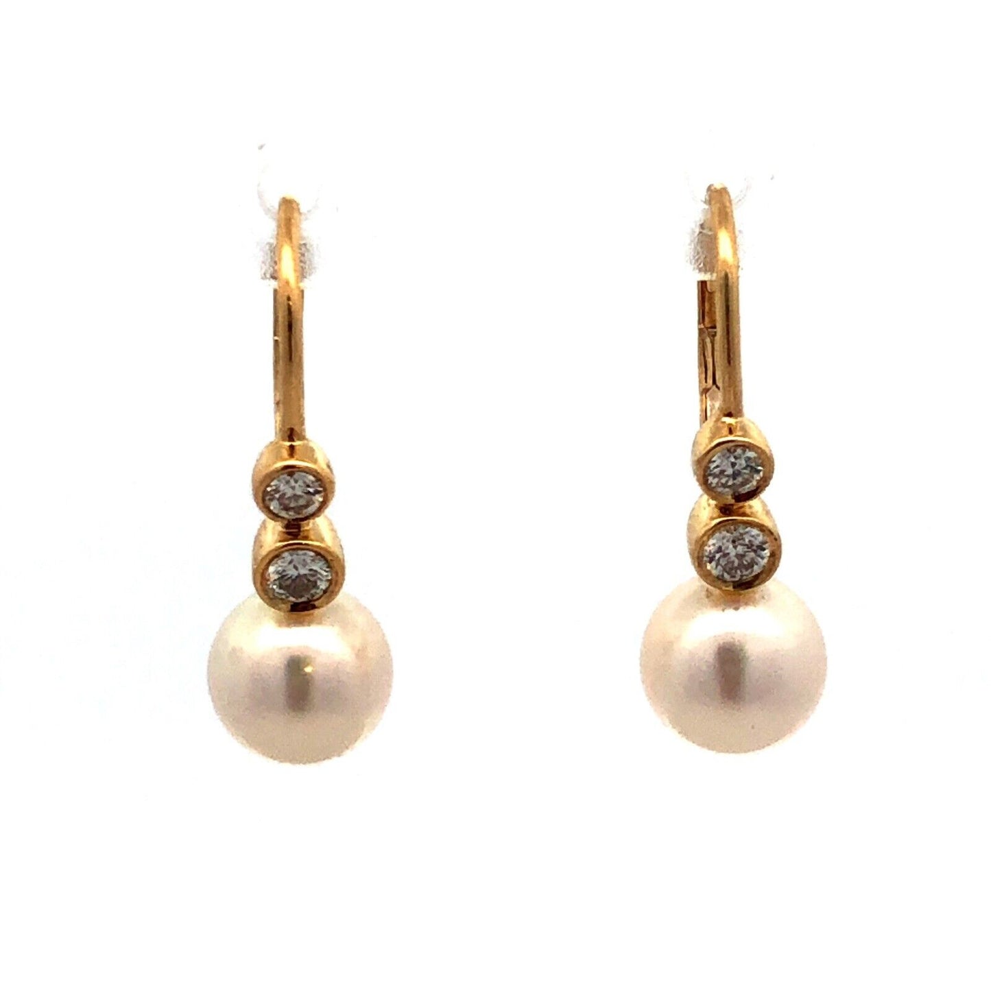 Designer 18K Yellow Gold Round White Pearl Diamond Leverback Hook Earrings