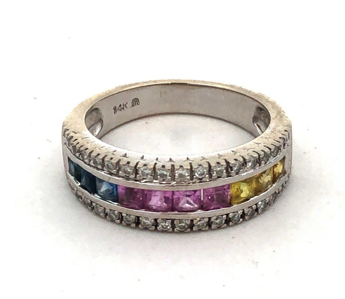 Designer 14K White Gold Multi Gemstone Diamond Mother's Anniversary Band Ring
