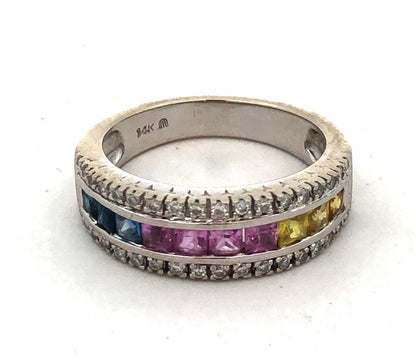 Designer 14K White Gold Multi Gemstone Diamond Mother's Anniversary Band Ring