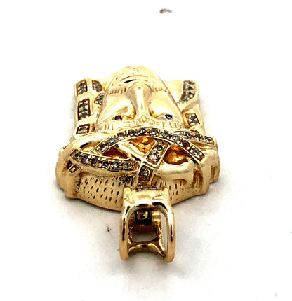 14K Yellow Gold Diamond Jesus Christ Face Crown of Thorns Pendant