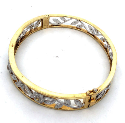Gorgeous 18k Yellow White Gold Champagne White Diamond Hinged Cuff Bracelet