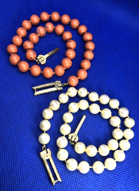 Vintage Ciner Gold-Tone Faux Coral and Pearl Adjustable Necklace Lot of Two