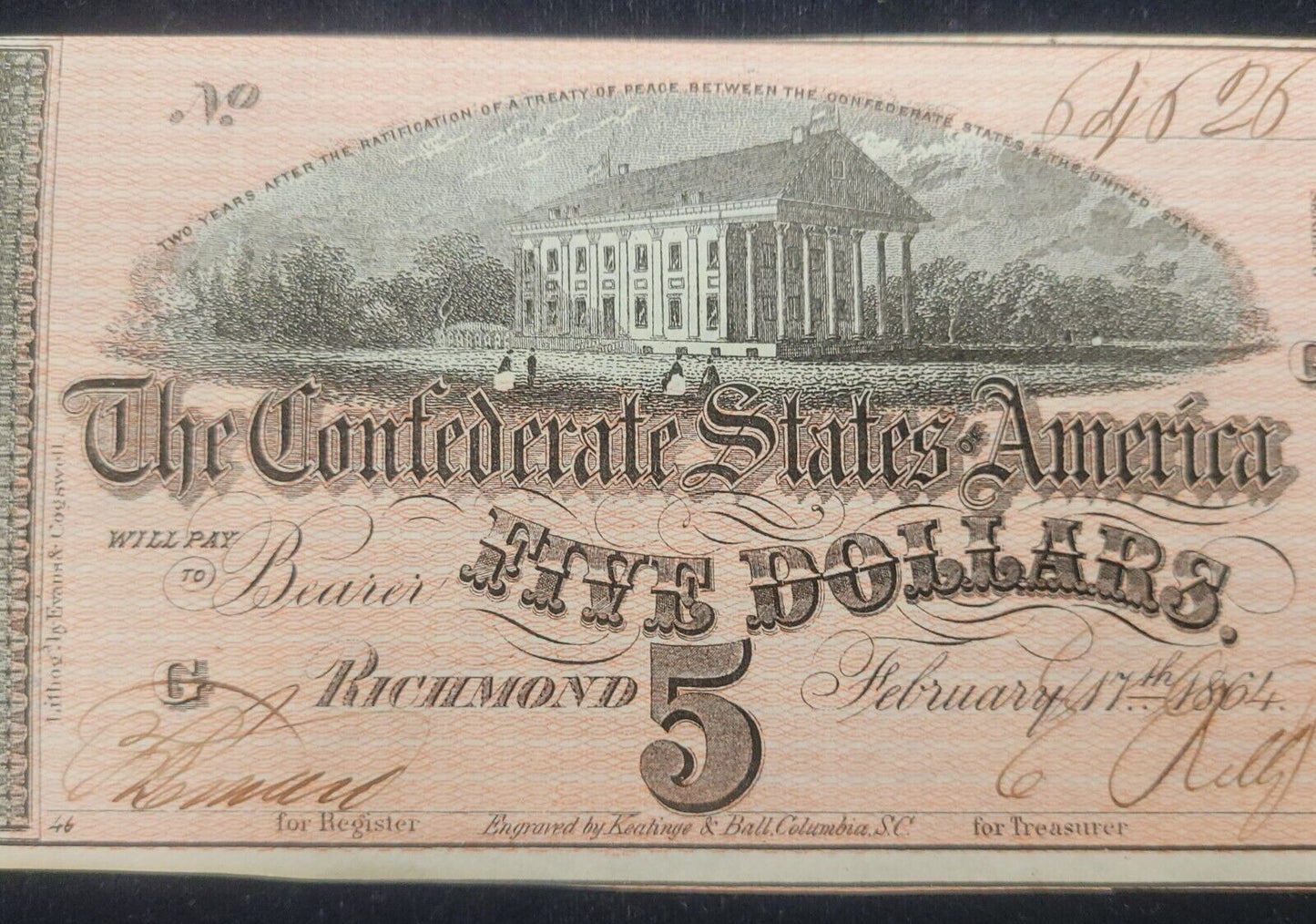 1864 $5 Richmond, VA Confederate States of America Rare Obsolete Bank Note