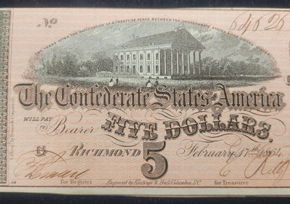 1864 $5 Richmond, VA Confederate States of America Rare Obsolete Bank Note