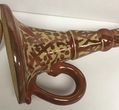 Spain Signed VC Pair Copper Metallic Glazed Hand Painted Handled Candle Holders