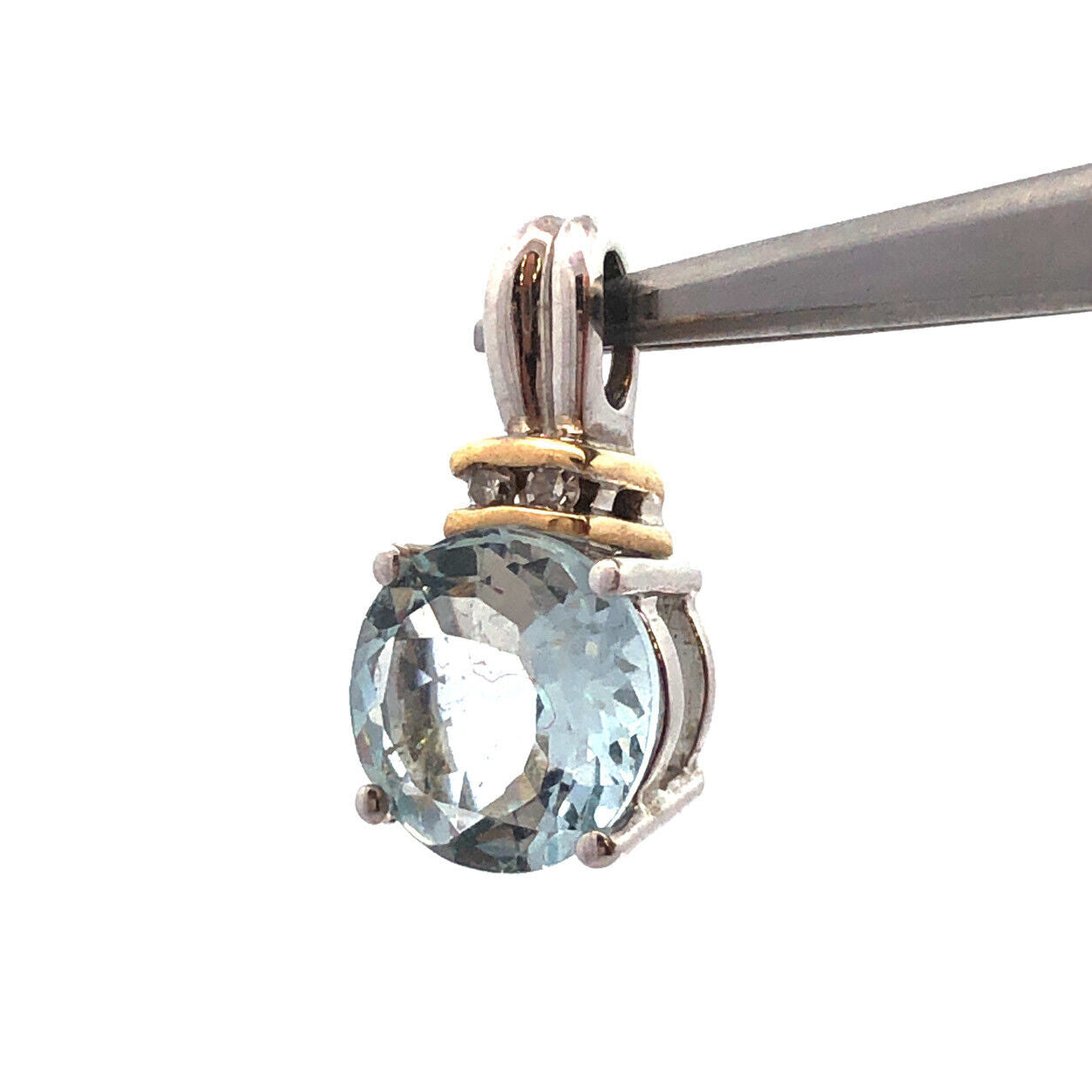 Designer 10k White Gold Aquamarine Solitaire Diamond March Anniversary Pendant