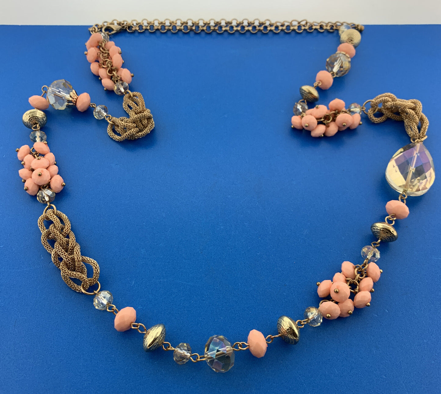 Vintage Gold Tone Faceted Bead Crystal Mesh Rope Statement Necklace