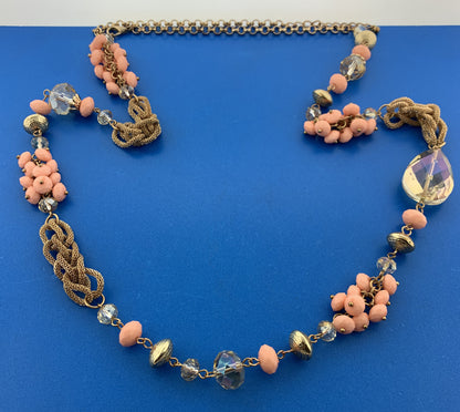 Vintage Gold Tone Faceted Bead Crystal Mesh Rope Statement Necklace