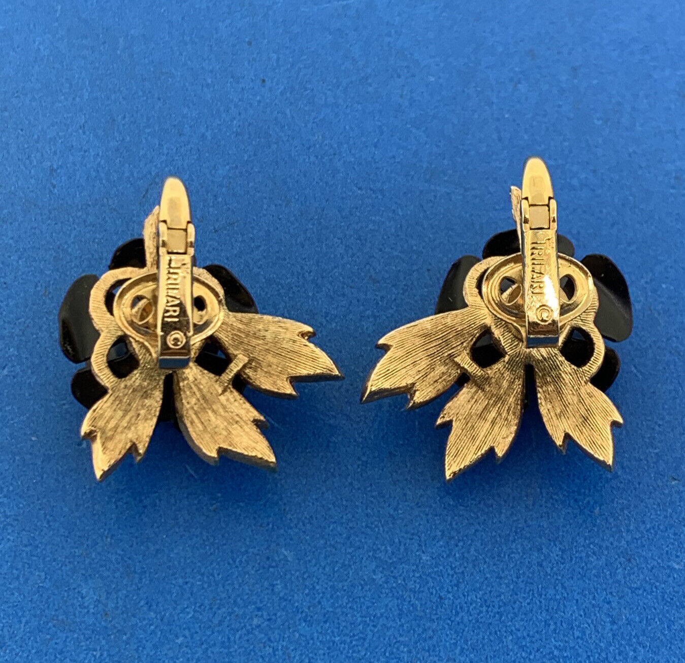 Mid Century Trifari Gold Tone Black Resin Rose Clip On Statement Earrings