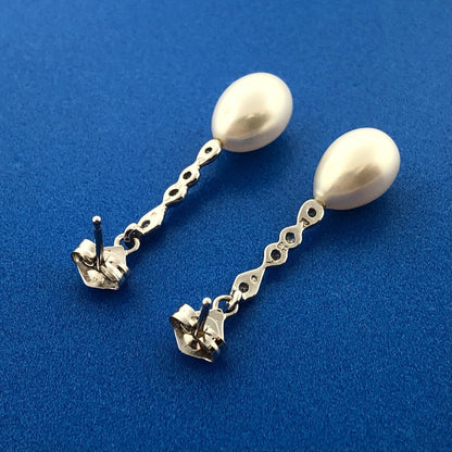 Elegant 14K White Gold Diamond Pearl Bridal Anniversary Drop Dangle Earrings