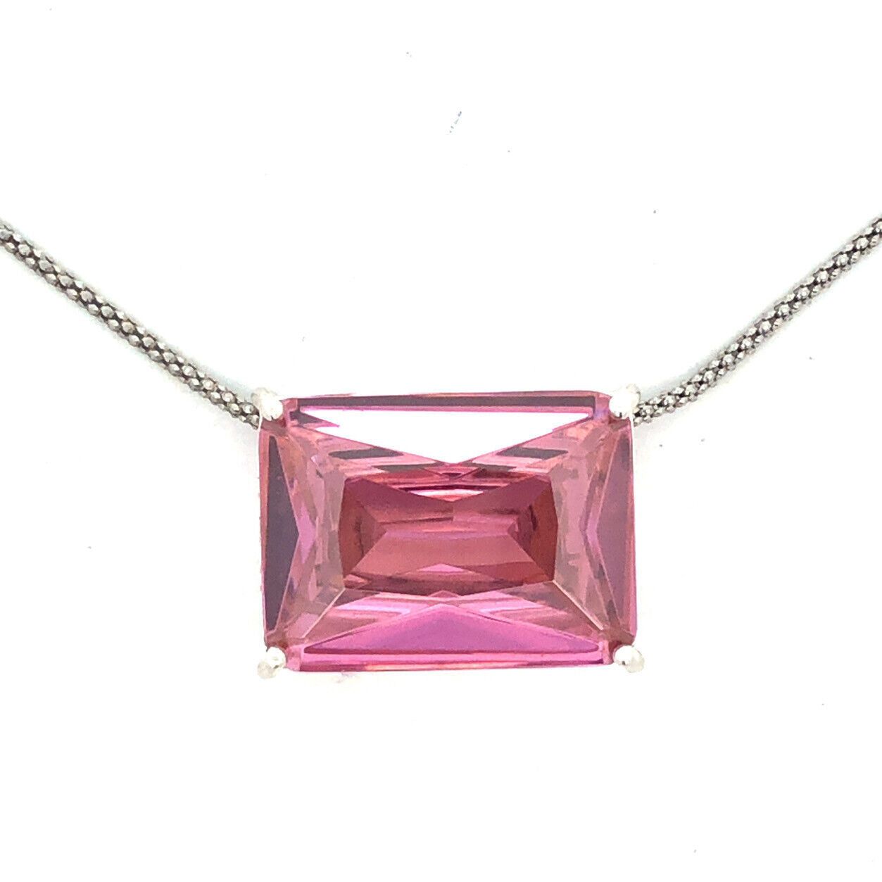 Designer SU 925 Sterling Silver Emerald Cut Pink Ice Cubic Zirconia Necklace