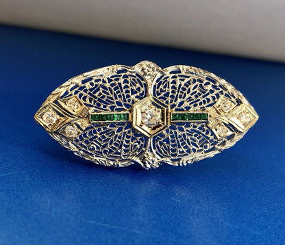 Art Deco 14K White Gold Diamond Emerald Floral Filigree Bar Pin Brooch Pendant