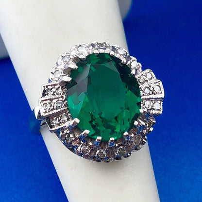 14K White Gold Green Cubic Zirconia Diamond Halo Engagement Cocktail Ring