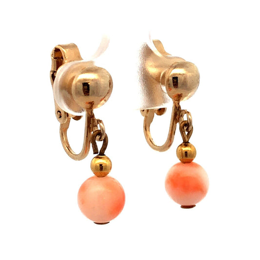 Vintage Gold Tone Angel Skin Coral Bead Drop Dangle Clip-On Earrings
