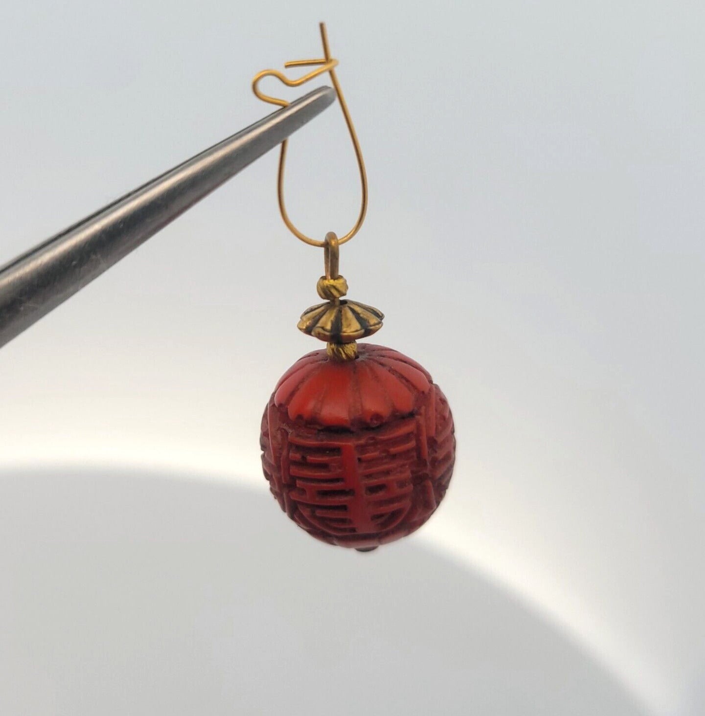 Vintage Gold Tone Carved Red Resin Faux Cinnabar Necklace Earrings 3 Piece Set