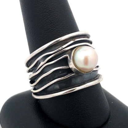 Designer Letty G Sterling Silver Pearl Solitaire Modernist Wide Cigar Band Ring