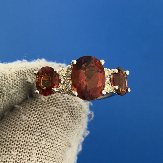 Designer Sterling Silver 925 Orange Citrine Quartz Oval Trio Cocktail Ring