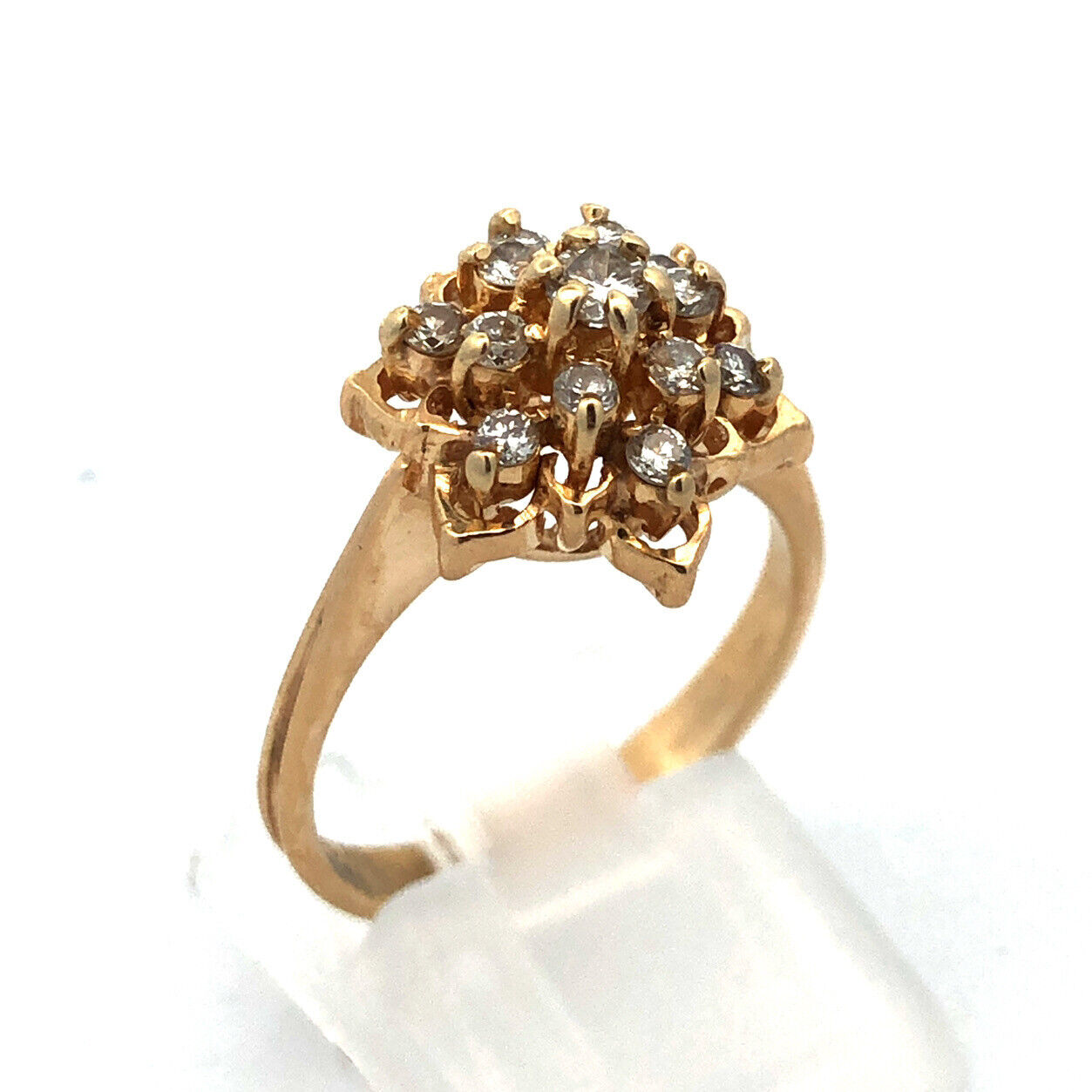 Vintage 14K Yellow Gold Round Diamond Cluster Flower Cocktail Ring