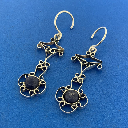 Vintage Navajo Running Bear Lapis Lazuli Hand Wrought Open Scroll Earrings