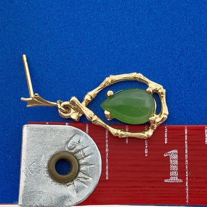 Vintage Estate 14K Yellow Gold Pear Jade Jadeite Bamboo Drop Dangle Earrings