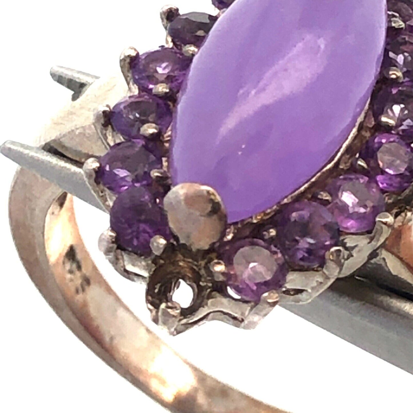 Vintage GSJ 925 Sterling Silver Marquise Purple Jade Amethyst Halo Cocktail Ring