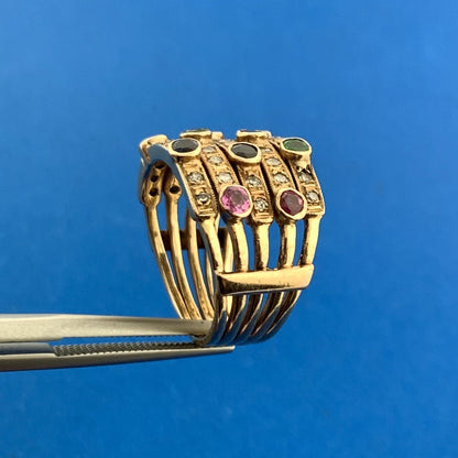 Retro 14K Yellow Gold Diamond Sapphire Ruby Emerald Anniversary Wide Harem Ring