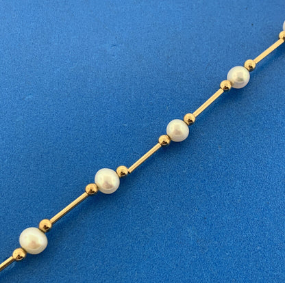 14K Yellow Gold Pearl & Gold Bead Bar June Wedding Anniversary Bracelet