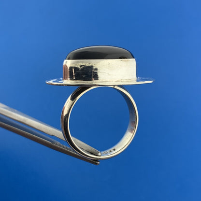 Designer CII Mexico 925 Sterling Silver Black Onyx Cabochon Hammered Halo Ring