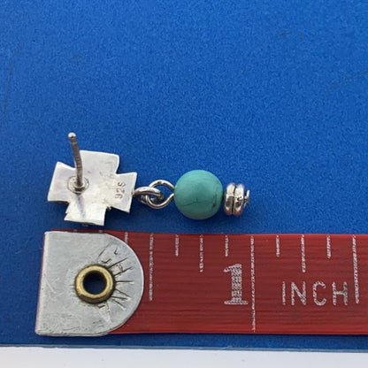 Adorable 925 Sterling Silver Turquoise Bead Cross Dangle Stud Earrings