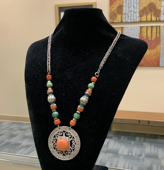 Vintage 925 Sterling Silver Coral Green Turquoise Statement Pendant Necklace