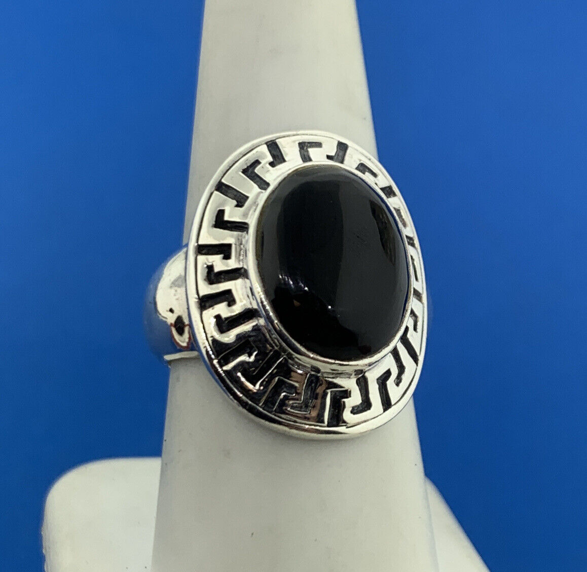 Designer 925 Sterling Silver Oval Black Onyx Cabochon Greek Etched Halo Ring
