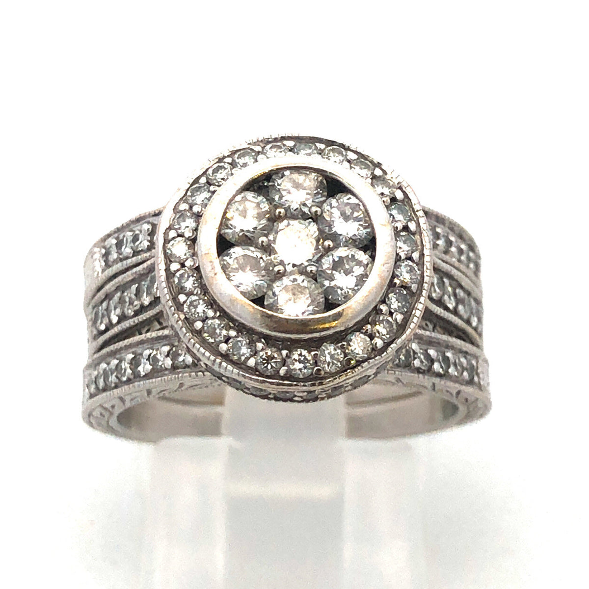 Designer 18K White Gold Diamond Floral Cluster Halo Accent 3 Ring Bridal Set